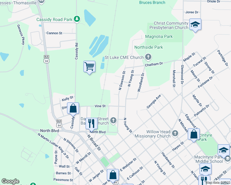 map of restaurants, bars, coffee shops, grocery stores, and more near 106 Dawson Circle in Thomasville