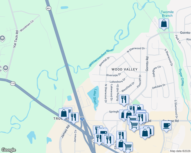 map of restaurants, bars, coffee shops, grocery stores, and more near 2409 Riverside Drive in Valdosta