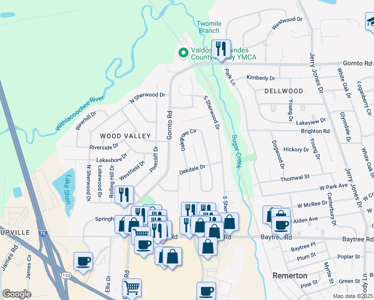 map of restaurants, bars, coffee shops, grocery stores, and more near 2236 Oakgrove Circle in Valdosta