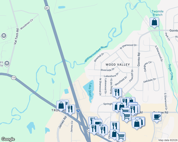 map of restaurants, bars, coffee shops, grocery stores, and more near 2409 Riverside Drive in Valdosta