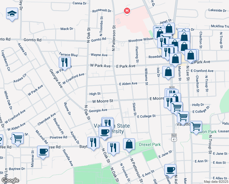 map of restaurants, bars, coffee shops, grocery stores, and more near 108 High Street in Valdosta