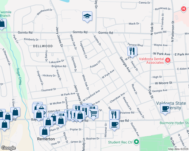 map of restaurants, bars, coffee shops, grocery stores, and more near 2106 Mathis Dr in Valdosta