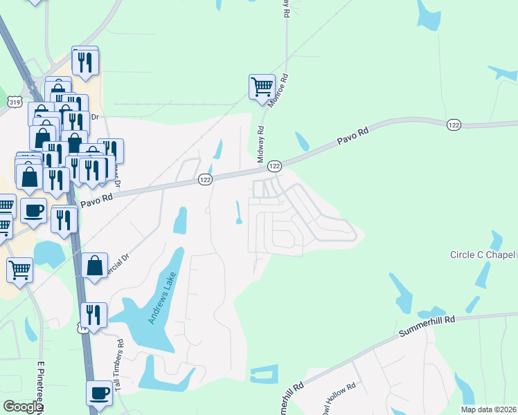 map of restaurants, bars, coffee shops, grocery stores, and more near 206 Torrington Boulevard in Thomasville