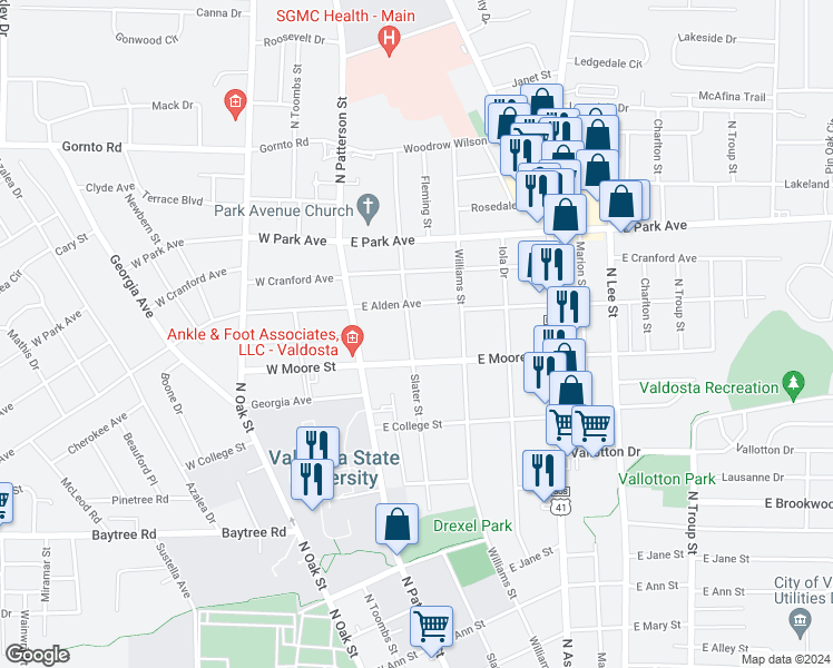 map of restaurants, bars, coffee shops, grocery stores, and more near 1807 Slater Street in Valdosta