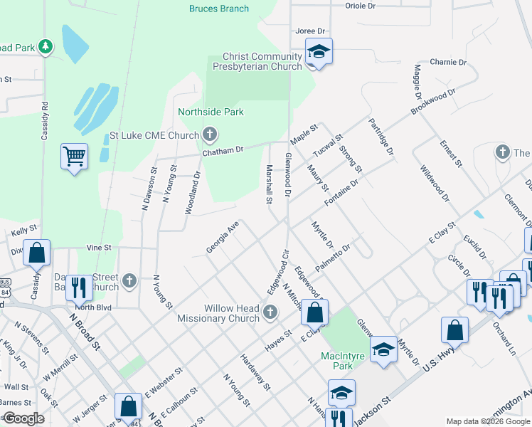map of restaurants, bars, coffee shops, grocery stores, and more near 617 Marshall Street in Thomasville