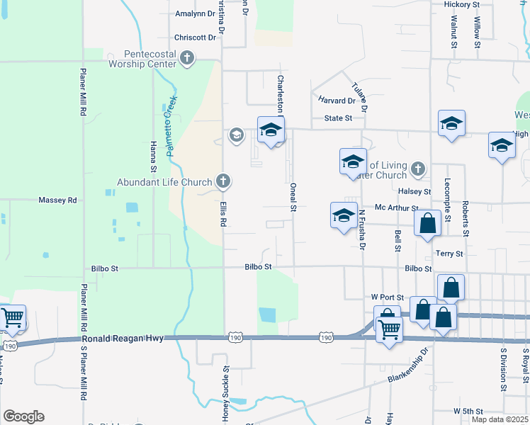 map of restaurants, bars, coffee shops, grocery stores, and more near 1553 Peggy Lane in DeRidder