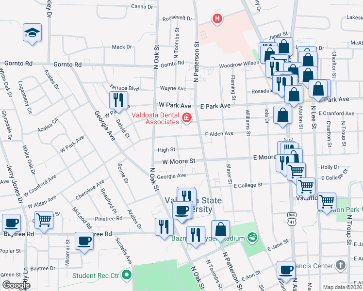 map of restaurants, bars, coffee shops, grocery stores, and more near 1907 Jeanette Street in Valdosta