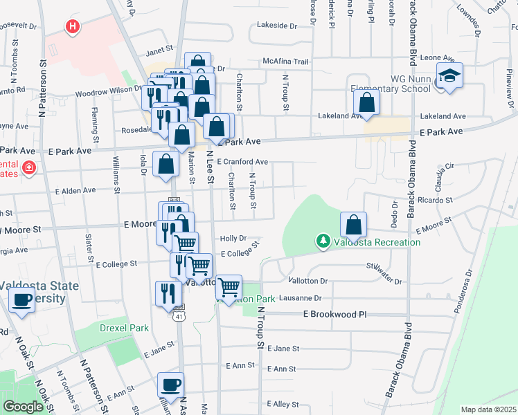 map of restaurants, bars, coffee shops, grocery stores, and more near 1707 North Troup Street in Valdosta