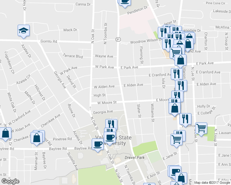 map of restaurants, bars, coffee shops, grocery stores, and more near 108 High Street in Valdosta