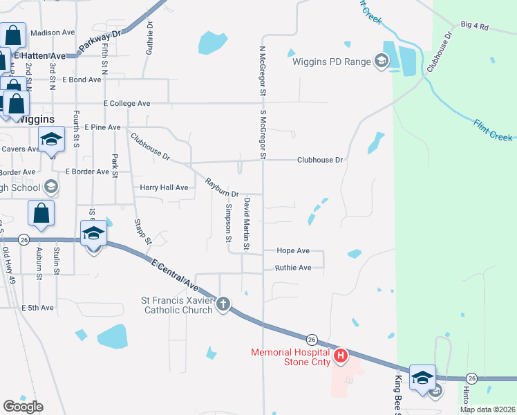 map of restaurants, bars, coffee shops, grocery stores, and more near 1201-1209 Scott Avenue in Wiggins