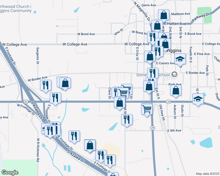 map of restaurants, bars, coffee shops, grocery stores, and more near 698 W 2nd Ave in Wiggins