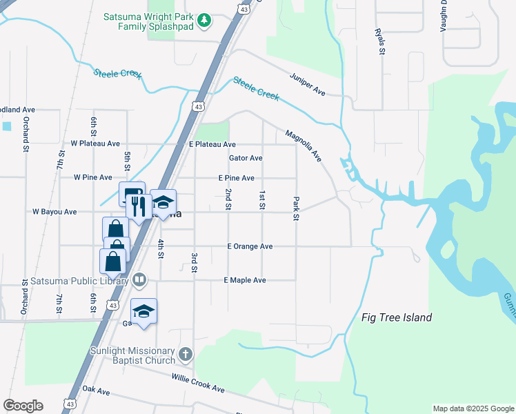 map of restaurants, bars, coffee shops, grocery stores, and more near 173 East Bayou Avenue in Satsuma