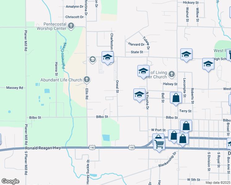 map of restaurants, bars, coffee shops, grocery stores, and more near 565 Oneal Street in DeRidder