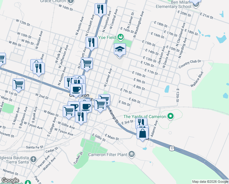 map of restaurants, bars, coffee shops, grocery stores, and more near 406 East 6th Street in Cameron