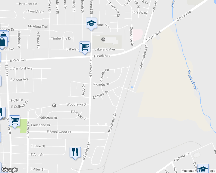 map of restaurants, bars, coffee shops, grocery stores, and more near 1707 Ricardo Street in Valdosta