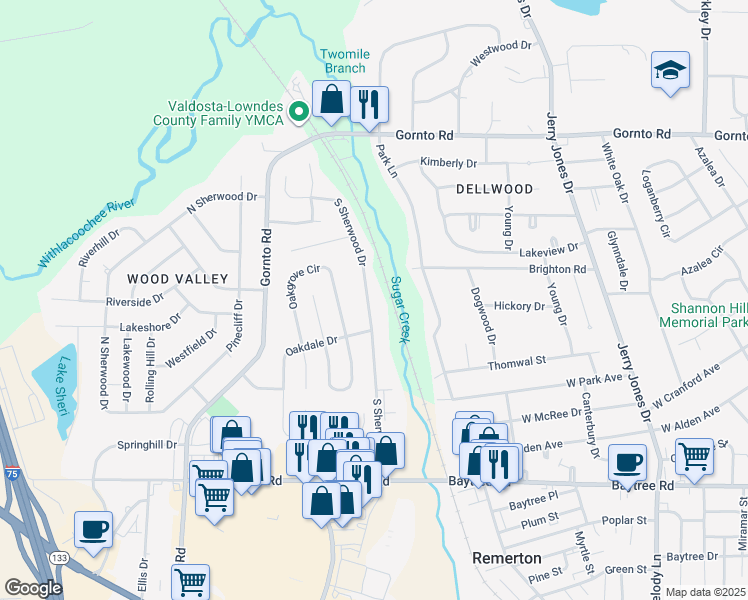 map of restaurants, bars, coffee shops, grocery stores, and more near 2207 South Sherwood Drive in Valdosta