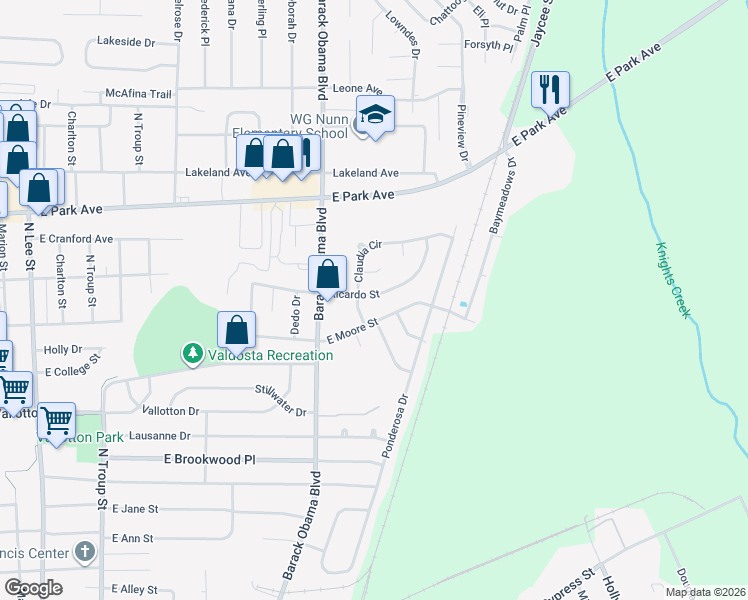 map of restaurants, bars, coffee shops, grocery stores, and more near 1707 Ricardo Street in Valdosta