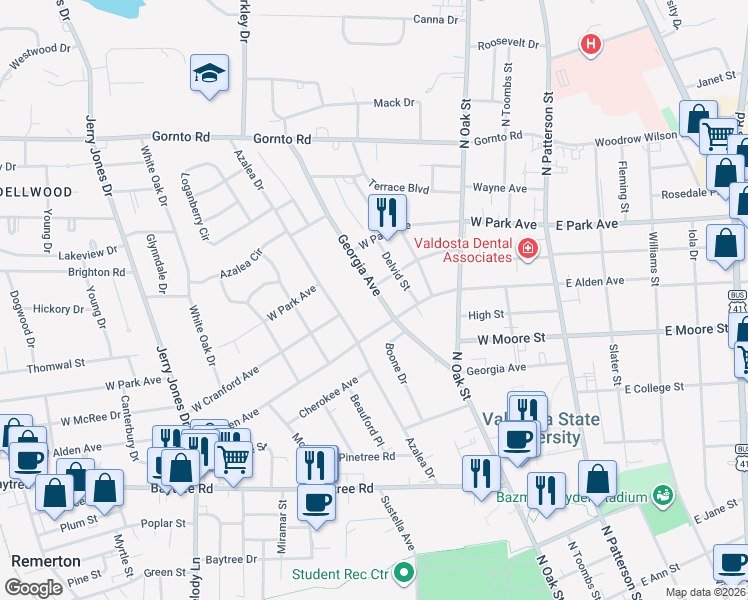 map of restaurants, bars, coffee shops, grocery stores, and more near 423 Georgia Avenue in Valdosta