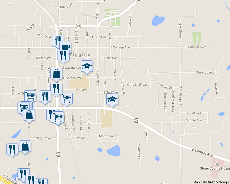 map of restaurants, bars, coffee shops, grocery stores, and more near 499 Park Street in Wiggins