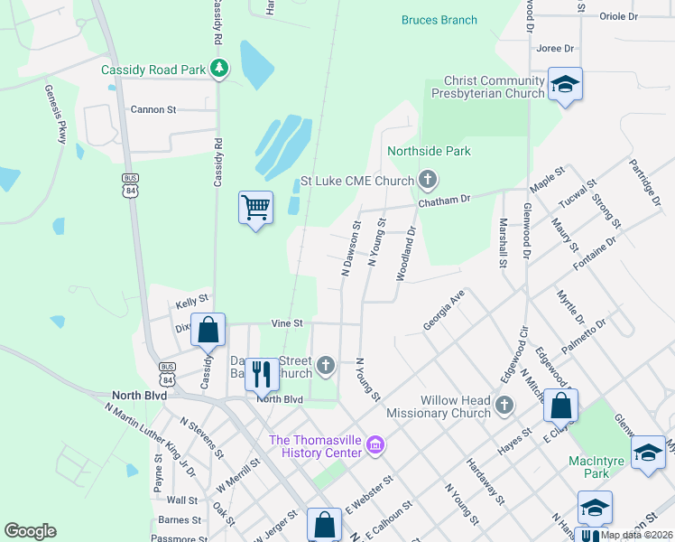 map of restaurants, bars, coffee shops, grocery stores, and more near 106 Dawson Circle in Thomasville