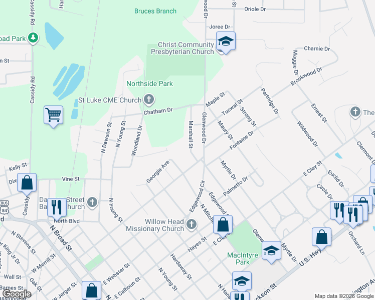 map of restaurants, bars, coffee shops, grocery stores, and more near 617 Marshall Street in Thomasville