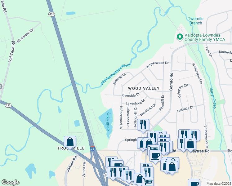map of restaurants, bars, coffee shops, grocery stores, and more near 2323 Riverhill Drive in Valdosta