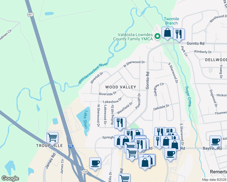 map of restaurants, bars, coffee shops, grocery stores, and more near 2210 Riverside Drive in Valdosta