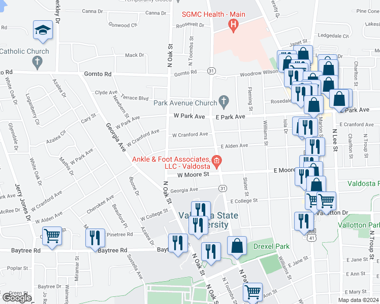 map of restaurants, bars, coffee shops, grocery stores, and more near 1904 Jeanette Street in Valdosta