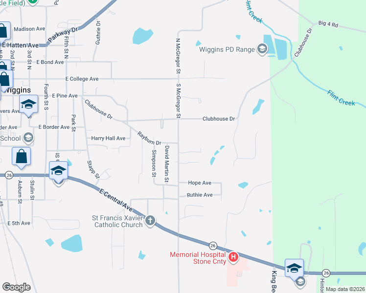 map of restaurants, bars, coffee shops, grocery stores, and more near 1209 Scott Avenue in Wiggins