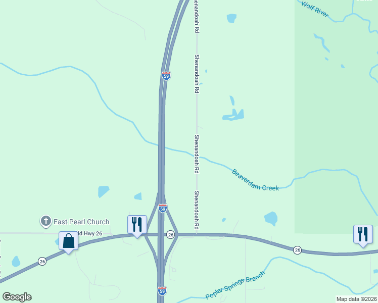 map of restaurants, bars, coffee shops, grocery stores, and more near 3-105 Shenandoah Road in Poplarville