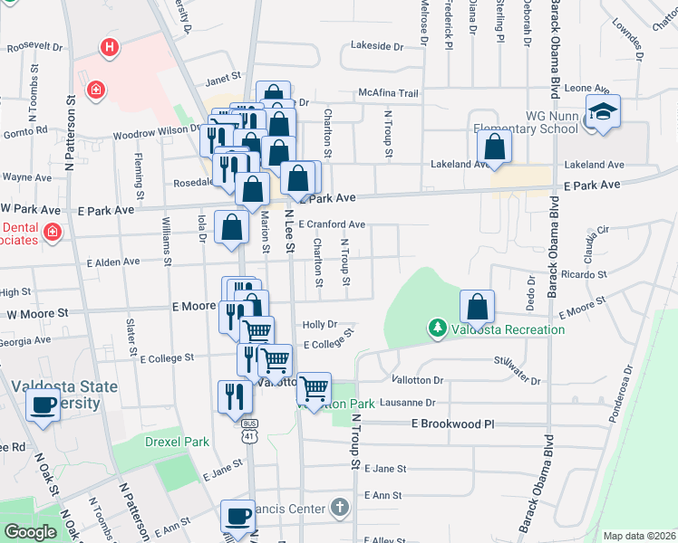 map of restaurants, bars, coffee shops, grocery stores, and more near 1707 North Troup Street in Valdosta