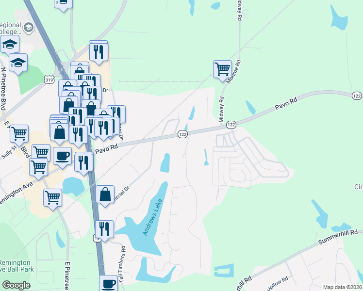 map of restaurants, bars, coffee shops, grocery stores, and more near 129 Skyline Drive in Thomasville