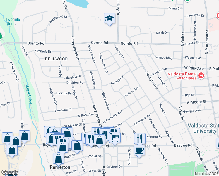map of restaurants, bars, coffee shops, grocery stores, and more near 2106 Mathis Drive in Valdosta