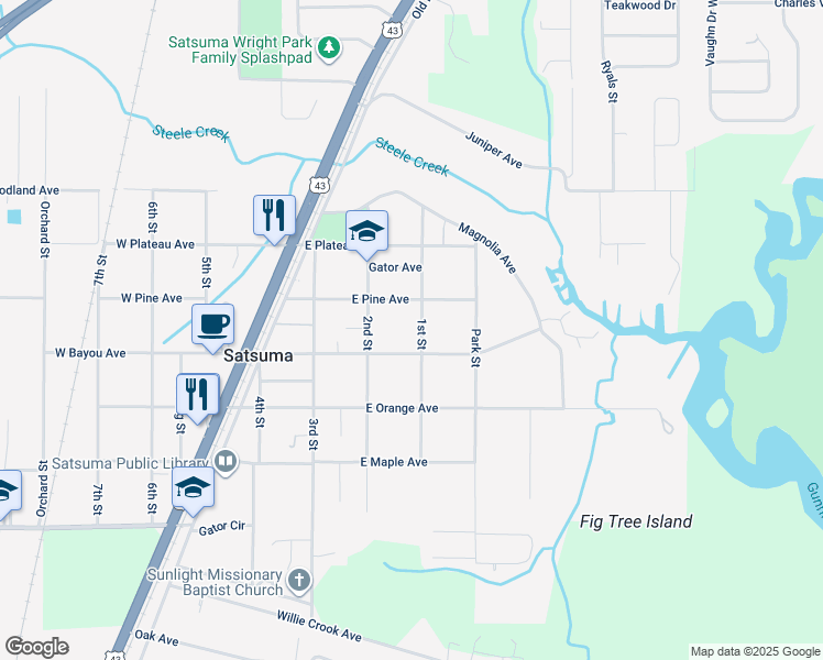 map of restaurants, bars, coffee shops, grocery stores, and more near 173-199 East Bayou Avenue in Satsuma