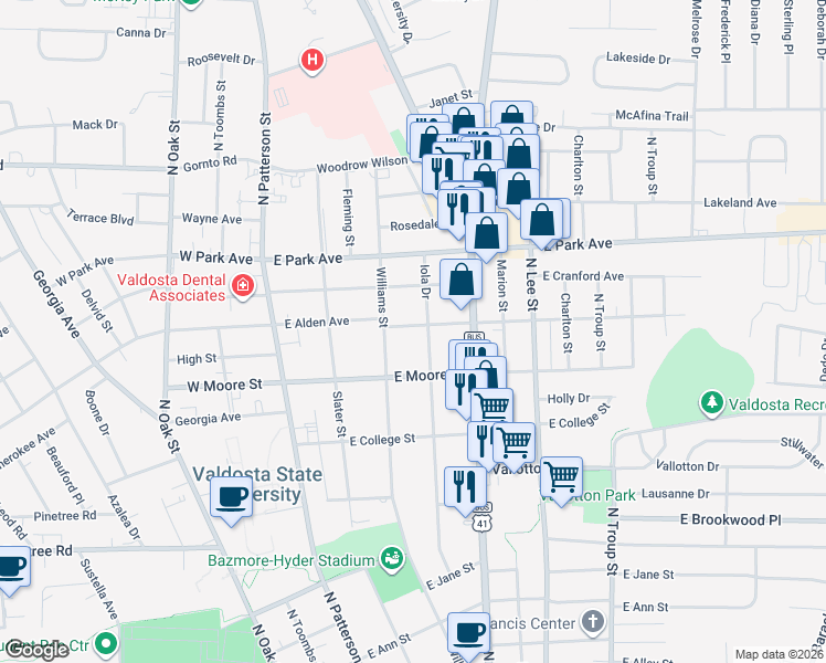 map of restaurants, bars, coffee shops, grocery stores, and more near 311 East Alden Avenue in Valdosta