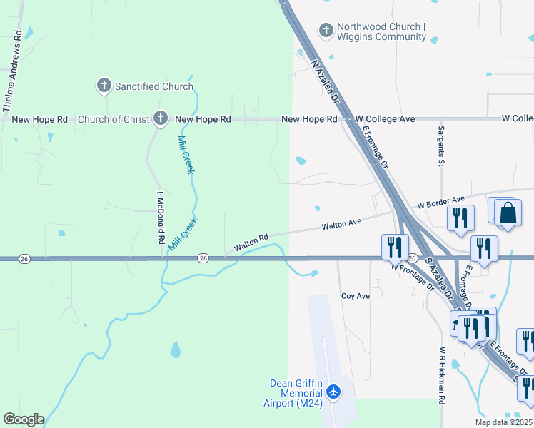 map of restaurants, bars, coffee shops, grocery stores, and more near 35 Walton Road in Wiggins
