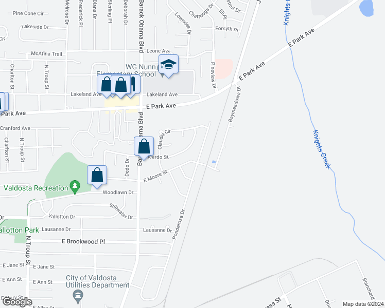 map of restaurants, bars, coffee shops, grocery stores, and more near 1723 Ricardo Street in Valdosta