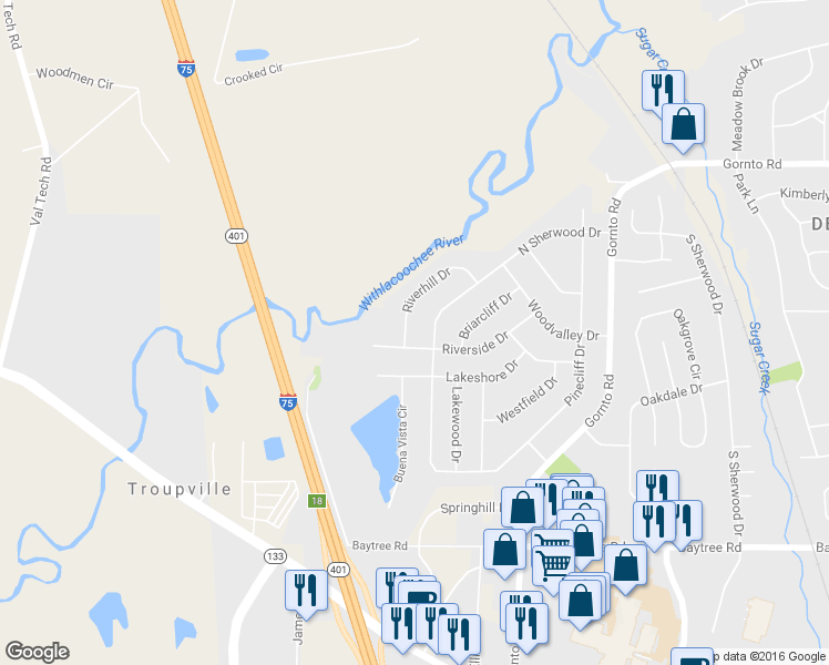 map of restaurants, bars, coffee shops, grocery stores, and more near 2321 Riverhill Drive in Valdosta