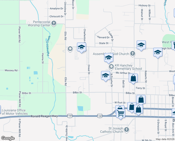 map of restaurants, bars, coffee shops, grocery stores, and more near 565 Oneal Street in DeRidder