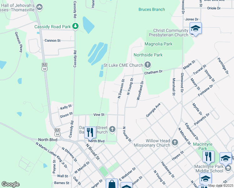map of restaurants, bars, coffee shops, grocery stores, and more near 106 Dawson Circle in Thomasville
