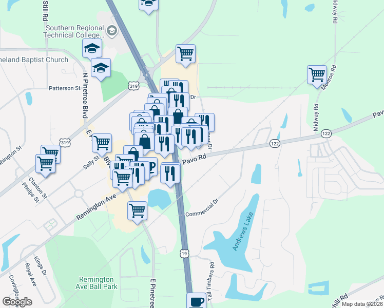 map of restaurants, bars, coffee shops, grocery stores, and more near 15028 U.S. 19 in Thomasville