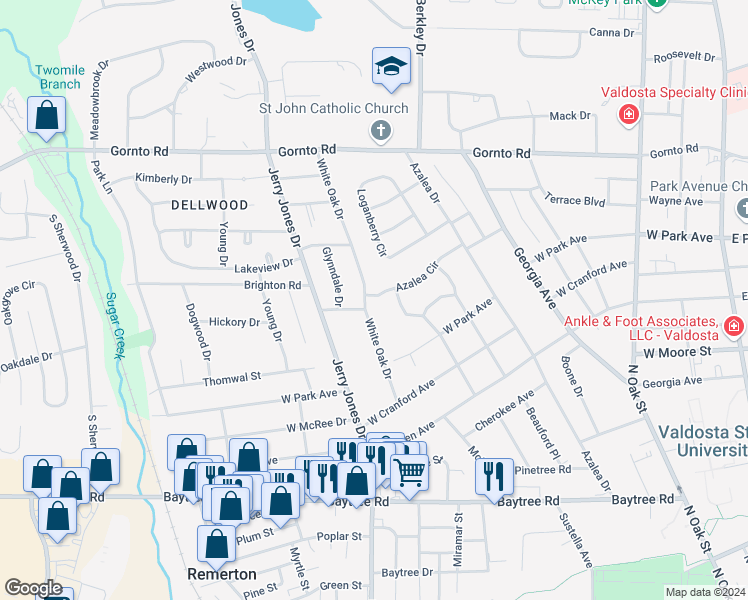 map of restaurants, bars, coffee shops, grocery stores, and more near 2201 White Oak Drive in Valdosta