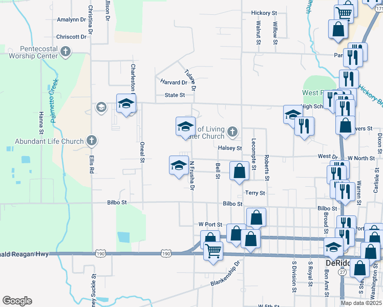 map of restaurants, bars, coffee shops, grocery stores, and more near 611 North Frusha Drive in DeRidder