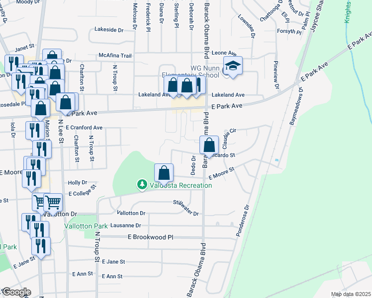 map of restaurants, bars, coffee shops, grocery stores, and more near 1498 Ricardo Street in Valdosta
