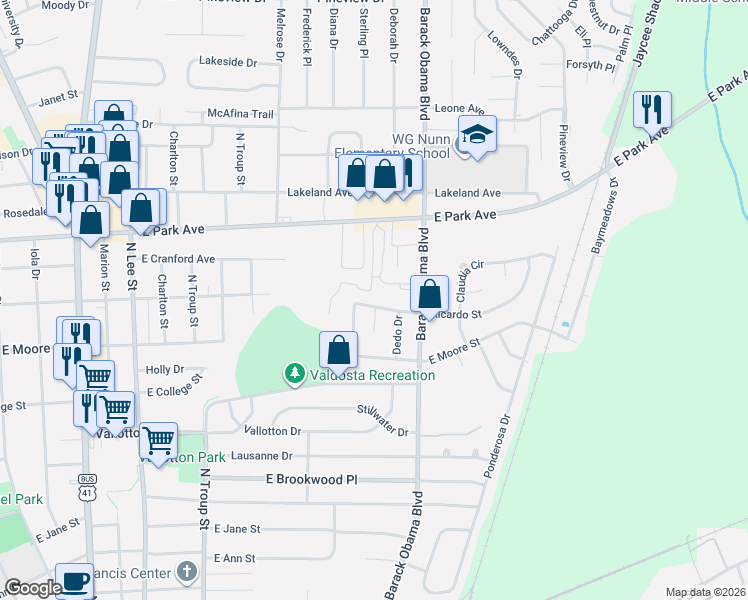 map of restaurants, bars, coffee shops, grocery stores, and more near 1498 Ricardo Street in Valdosta