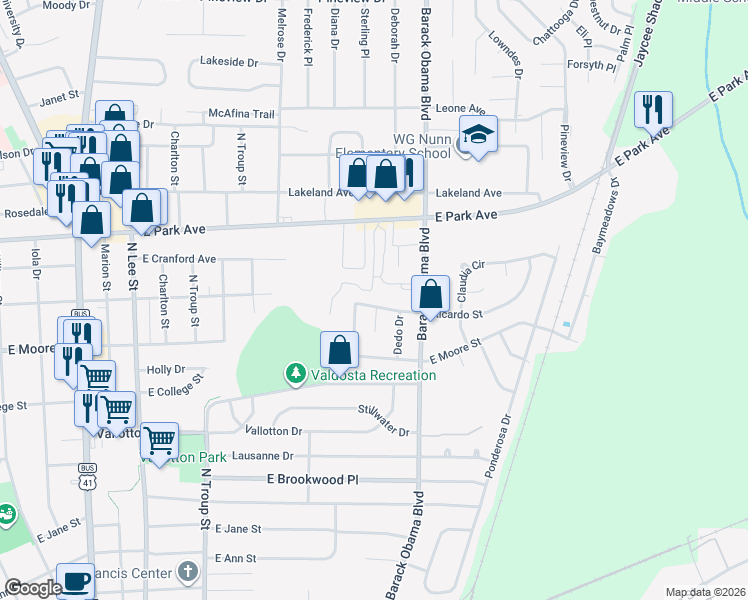 map of restaurants, bars, coffee shops, grocery stores, and more near 1498 Ricardo Street in Valdosta