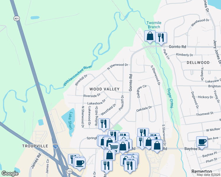 map of restaurants, bars, coffee shops, grocery stores, and more near 2012 Woodvalley Drive in Valdosta