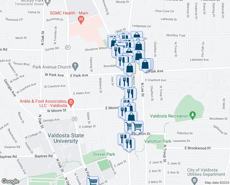 map of restaurants, bars, coffee shops, grocery stores, and more near 1801 Iola Drive in Valdosta