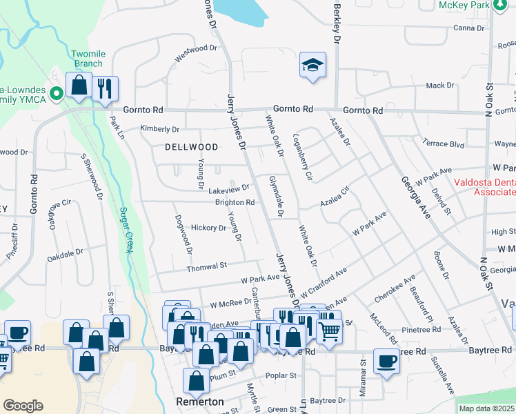 map of restaurants, bars, coffee shops, grocery stores, and more near 2208 Jerry Jones Drive in Valdosta