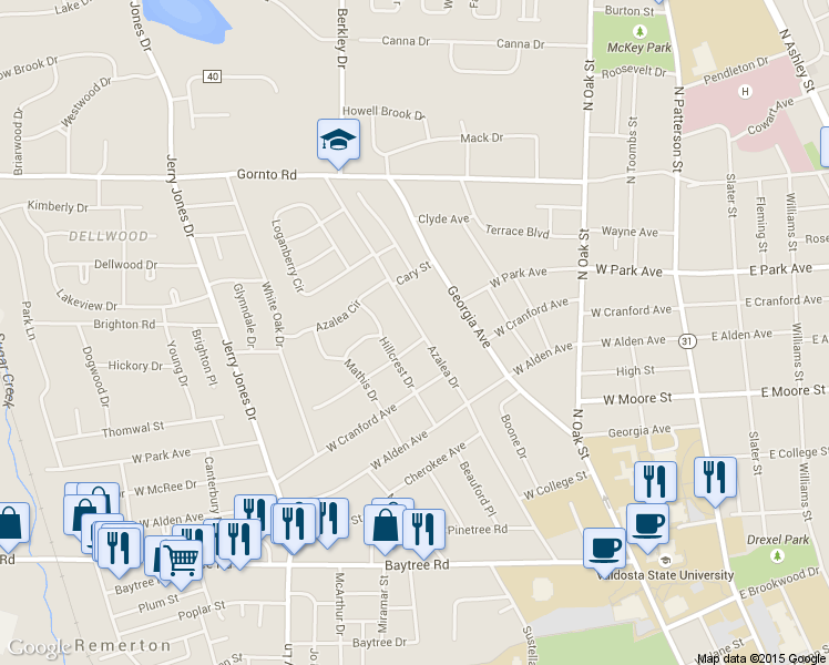 map of restaurants, bars, coffee shops, grocery stores, and more near 600 West Park Avenue in Valdosta